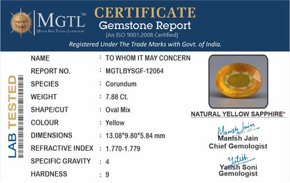 Yellow Sapphire - 7.88 Carats (Pukhraj - 8.59 Ratti)