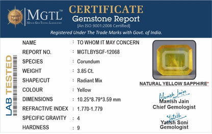 Yellow Sapphire - 3.85 Carats (Pukhraj - 4.20 Ratti)