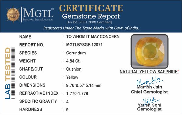 Yellow Sapphire (Pukhraj) - 4.84 Carats