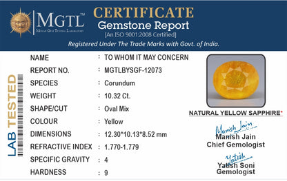 Yellow Sapphire - 10.32 Carats (Pukhraj - 11.25 Ratti)