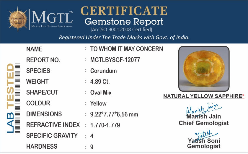 Yellow Sapphire (Pukhraj) - 4.89 Carats