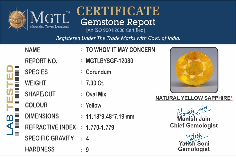 Yellow Sapphire - 7.30 Carats (Pukhraj - 7.96 Ratti)