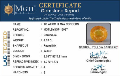 Yellow Sapphire - 4.03 Carats (Pukhraj - 4.39 Ratti)