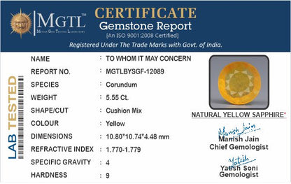 Yellow Sapphire - 5.55 Carats (Pukhraj - 6.05 Ratti)