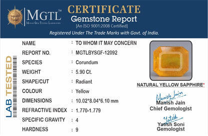 Yellow Sapphire - 5.90 Carats (Pukhraj - 6.43 Ratti)