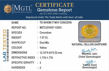 Yellow Sapphire - 7.97 Carats (Pukhraj - 8.69 Ratti)