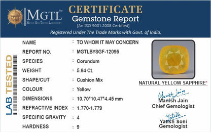 Yellow Sapphire - 5.94 Carats (Pukhraj - 6.47 Ratti)