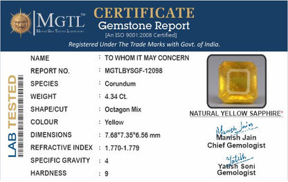 Yellow Sapphire - 4.34 Carats (Pukhraj - 4.73 Ratti)
