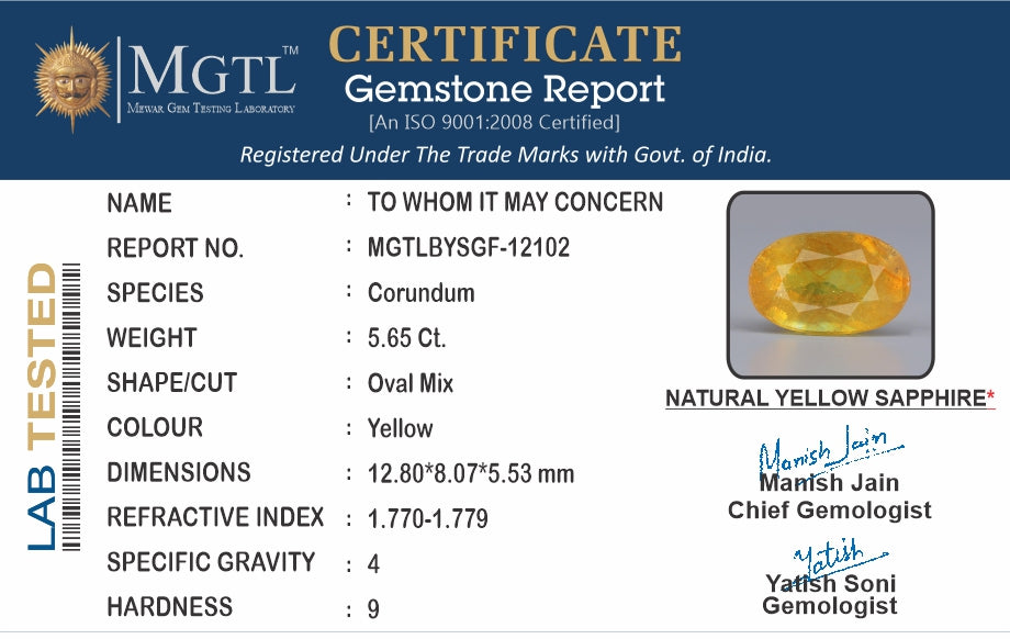 Yellow Sapphire - 5.65 Carats (Pukhraj - 6.16 Ratti)