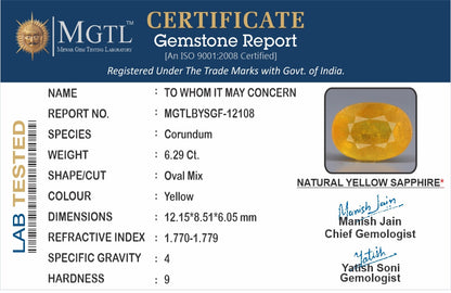 Yellow Sapphire - 6.29 Carats (Pukhraj - 6.86 Ratti)