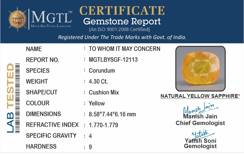Yellow Sapphire - 4.30 Carats (Pukhraj - 4.69 Ratti)