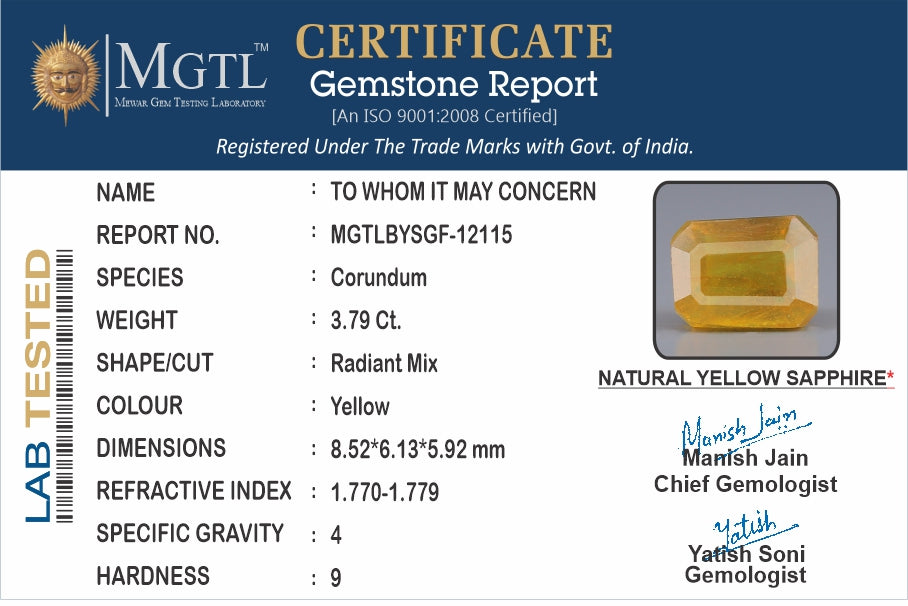 Yellow Sapphire - 3.79 Carats (Pukhraj - 4.13 Ratti)