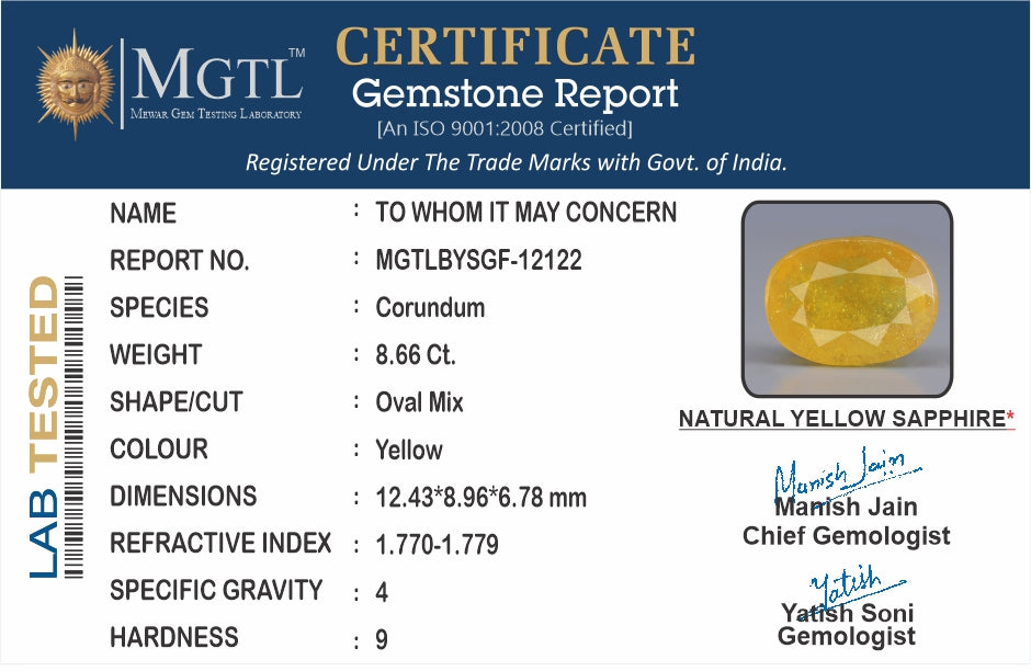 Yellow Sapphire - 8.66 Carats (Pukhraj - 9.44 Ratti)
