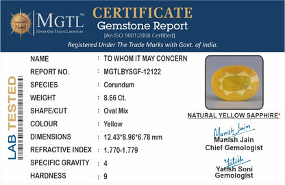 Yellow Sapphire - 8.66 Carats (Pukhraj - 9.44 Ratti)