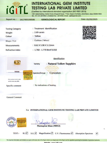 Yellow Sapphire - 2.69 Carats (Pukhraj - 2.93 Ratti)