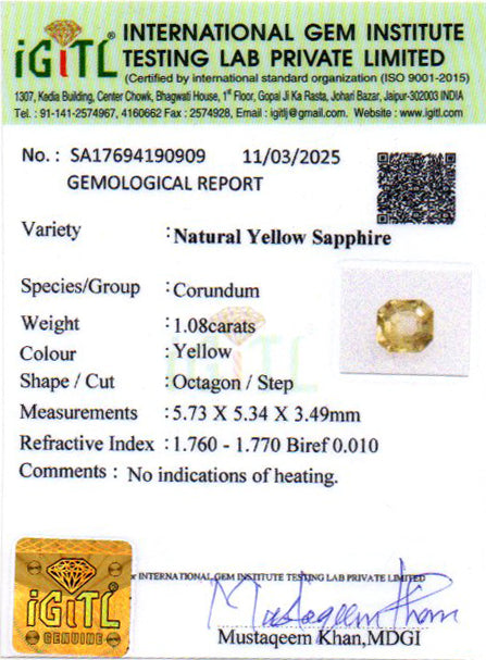 1.08 Carats Natural Yellow Sapphire