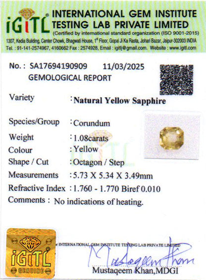 1.08 Carats Natural Yellow Sapphire