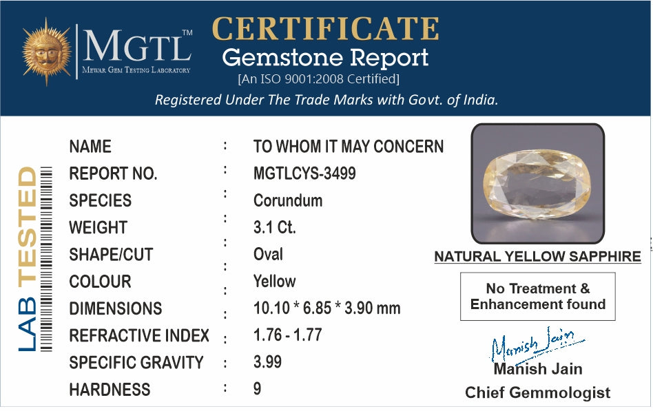 Yellow Sapphire - 3.10 Carats (Pukhraj - 3.38 Ratti)