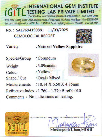 Yellow Sapphire - 3.09 Carats (Pukhraj - 3.37 Ratti)