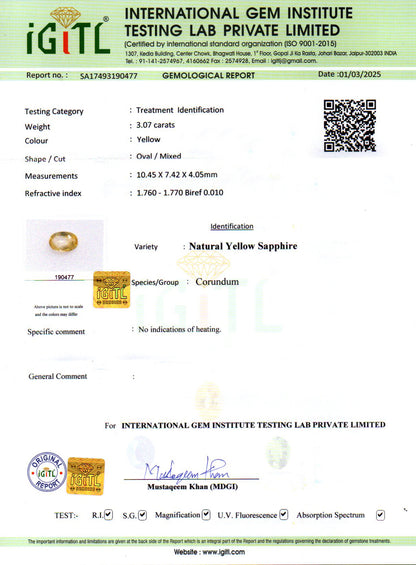 Yellow Sapphire - 3.07 Carats (Pukhraj - 3.35 Ratti)
