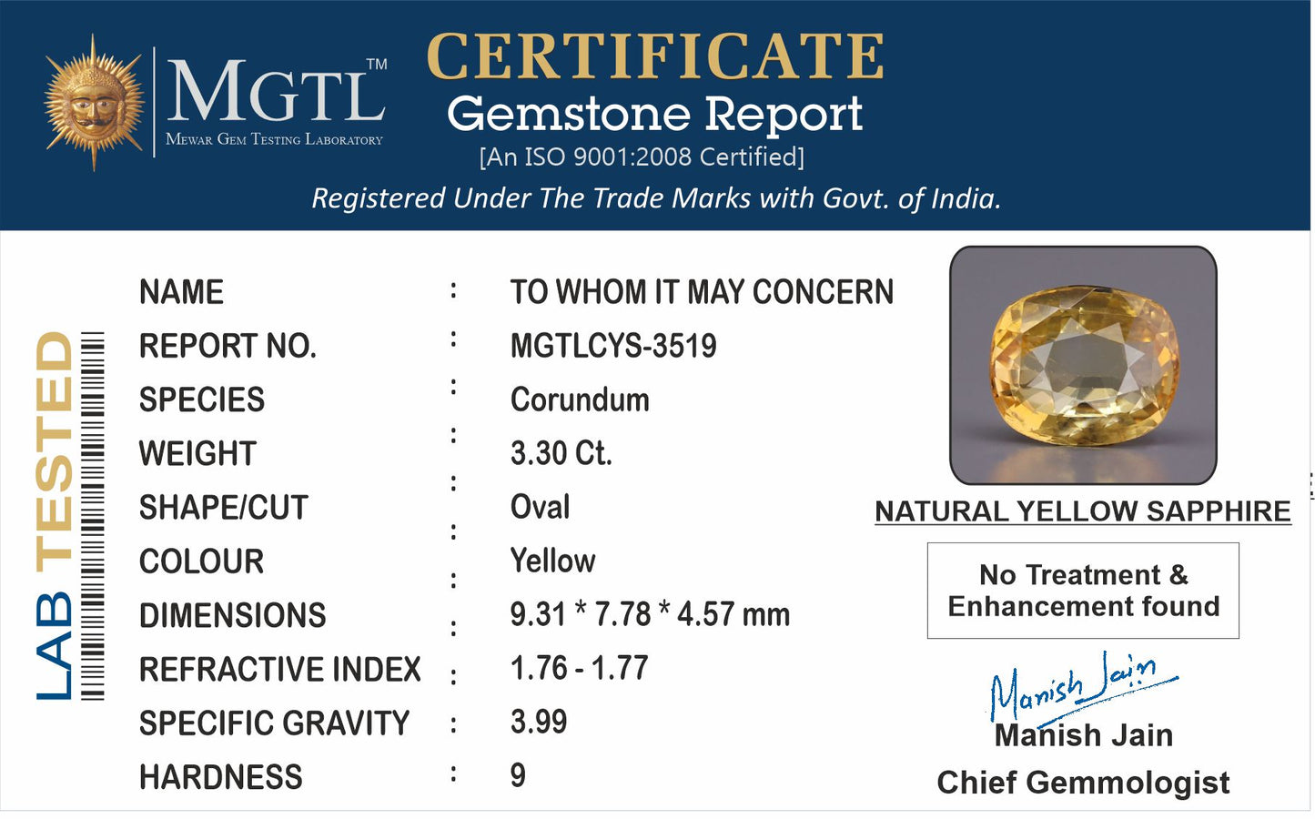 Yellow Sapphire (Pukhraj) - 3.31 Carats