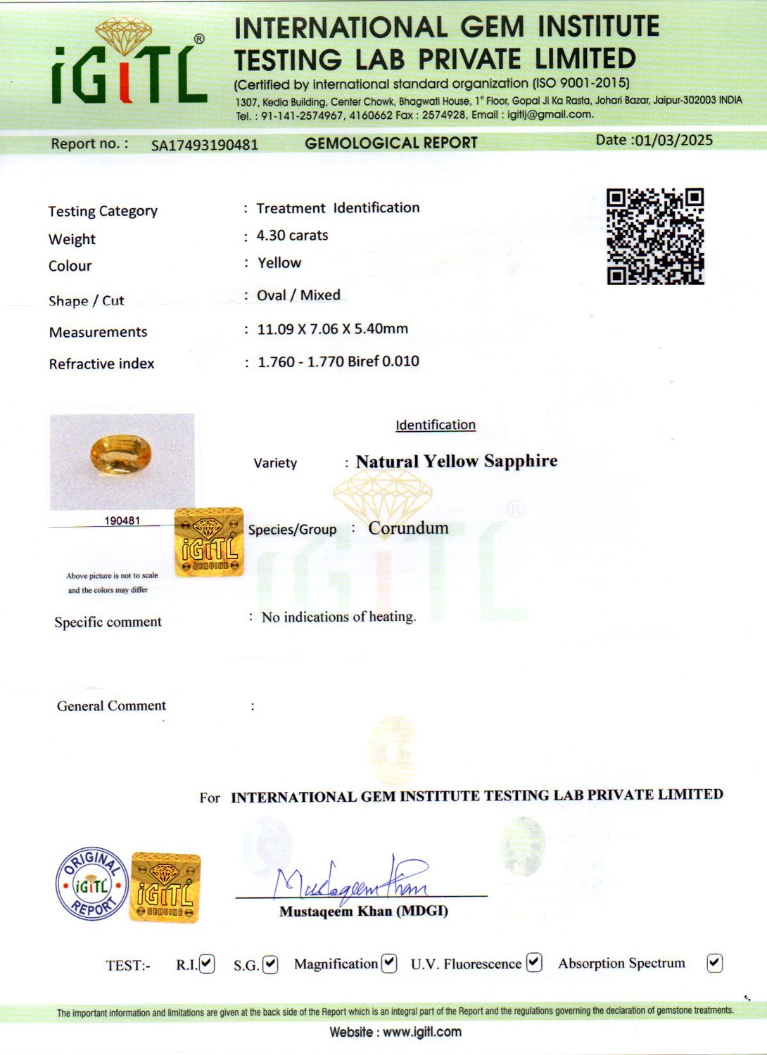 Yellow Sapphire - 4.30 Carats (Pukhraj - 4.69 Ratti)