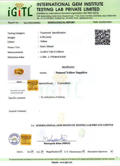 Yellow Sapphire - 4.30 Carats (Pukhraj - 4.69 Ratti)