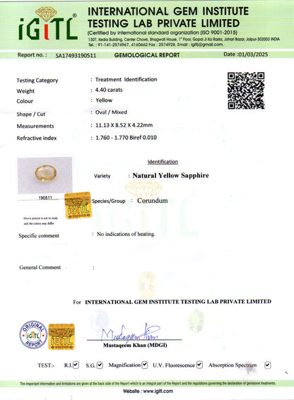 Yellow Sapphire - 4.40 Carats (Pukhraj - 4.80 Ratti)