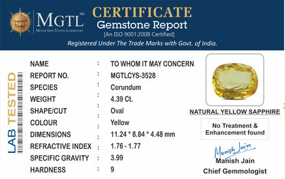 Yellow Sapphire - 4.39 Carats (Pukhraj - 4.79 Ratti)