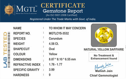 Yellow Sapphire - 4.56 Carats (Pukhraj - 4.97 Ratti)