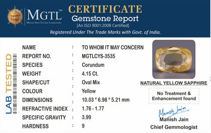 Yellow Sapphire (Pukhraj) - 4.15 Carats