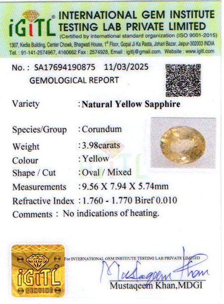 Yellow Sapphire (Pukhraj) - 3.98 Carats
