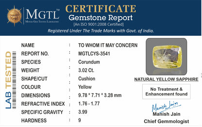Yellow Sapphire - 3.02 Carats (Pukhraj - 3.29 Ratti)