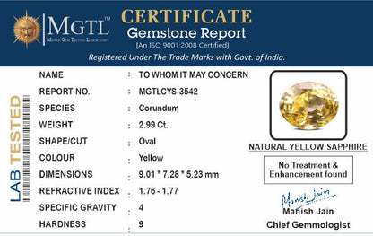Yellow Sapphire (Pukhraj) - 2.99 Carats