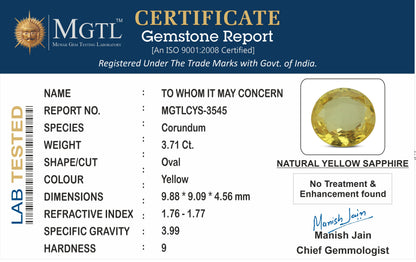 Yellow Sapphire - 3.71 Carats (Pukhraj - 4.04 Ratti)