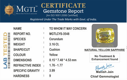 Yellow Sapphire (Pukhraj) - 3.16 Carats