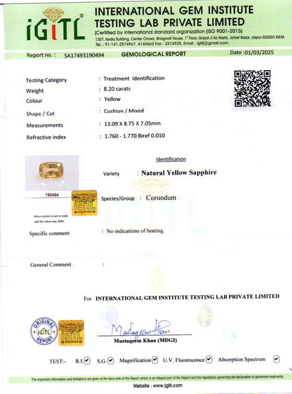 Yellow Sapphire - 8.20 Carats (Pukhraj - 8.94 Ratti)