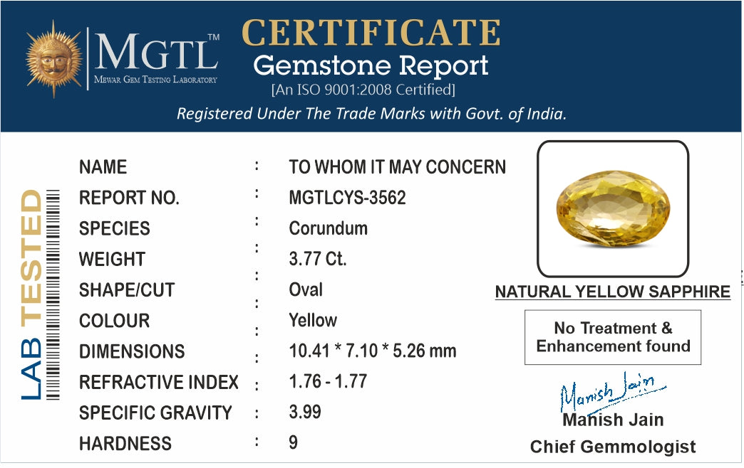 Yellow Sapphire - 3.77 Carats (Pukhraj - 4.11 Ratti)