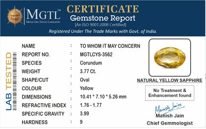 Yellow Sapphire - 3.77 Carats (Pukhraj - 4.11 Ratti)