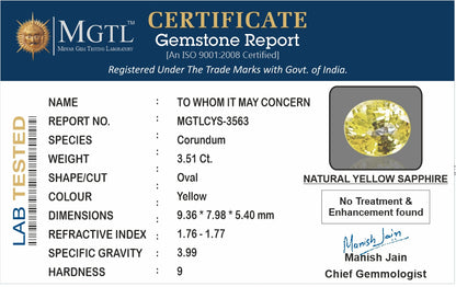 Yellow Sapphire (Pukhraj) - 3.51 Carats