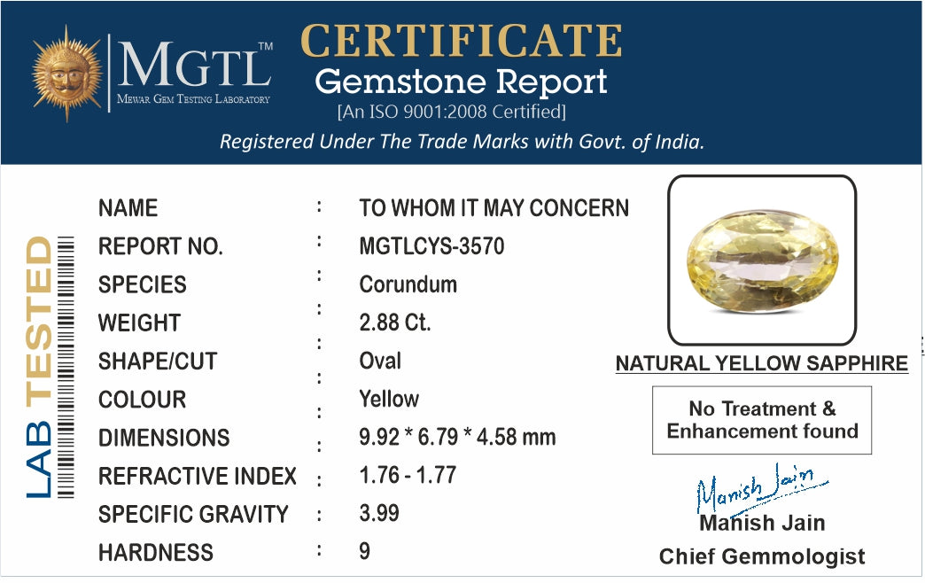 Yellow Sapphire (Pukhraj) - 2.88 Carats