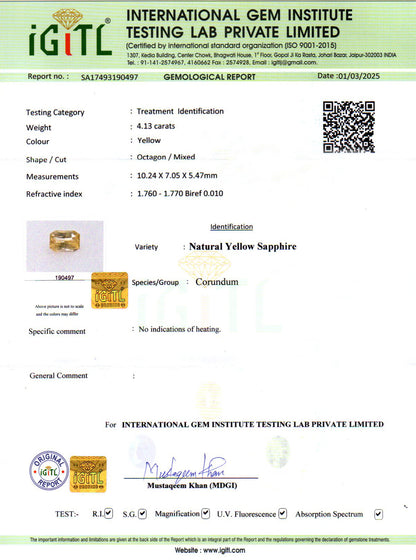 Yellow Sapphire - 4.13 Carats (Pukhraj - 4.50 Ratti)
