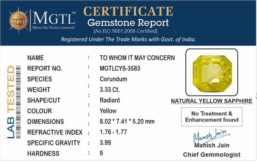 Yellow Sapphire (Pukhraj) - 3.34 Carats