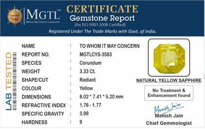 Yellow Sapphire (Pukhraj) - 3.34 Carats