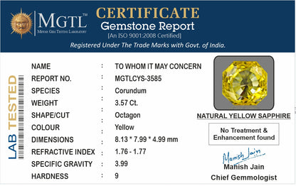 Yellow Sapphire - 3.57 Carats (Pukhraj - 3.89 Ratti)