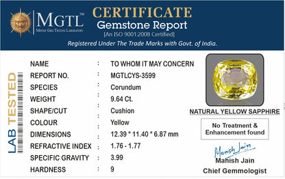 Yellow Sapphire - 9.64 Carats (Pukhraj - 10.51 Ratti)