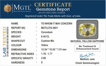 Yellow Sapphire - 8.45 Carats (Pukhraj - 9.21 Ratti)