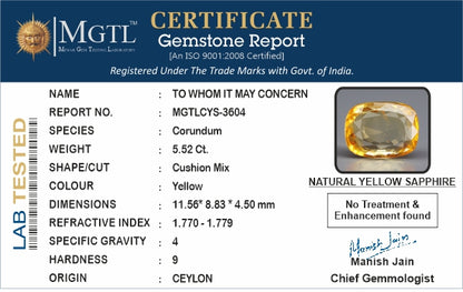 Yellow Sapphire - 5.52 Carats (Pukhraj - 6.02 Ratti)