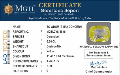 Yellow Sapphire - 6.24 Carats (Pukhraj - 6.80 Ratti)