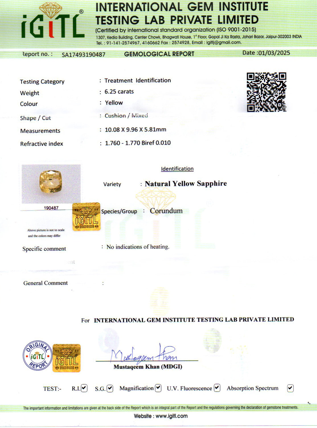 Yellow Sapphire - 6.25 Carats (Pukhraj - 6.81 Ratti)